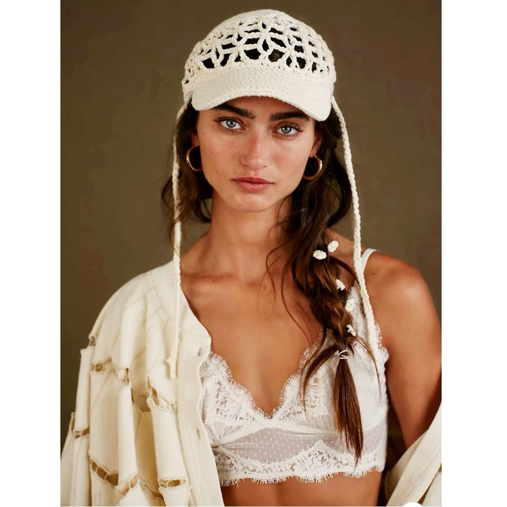 Free People Silvie Crochet Ivory Baseball Hat Cap